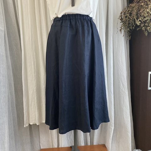 【SALE＊在庫処分特価】リネンのギャザースカート【ネイビーカラー】