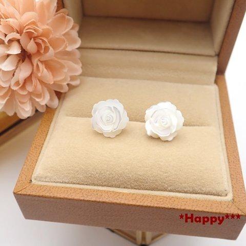 *P03*高品質ホワイトシェル（薔薇12ｍｍ）☆スタッドピアス