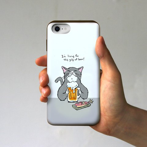 ICカード対応iPhoneケース　猫がビールで乾杯（ホワイト）