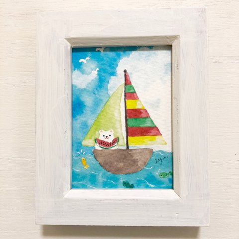 ⛵️透明水彩画「ヨットで涼むしろくまくん」イラストミニ額 クマ　夏　海　プチギフト  夏ギフト　暑中見舞い　母の日　父の日　父の日ギフト⛵️