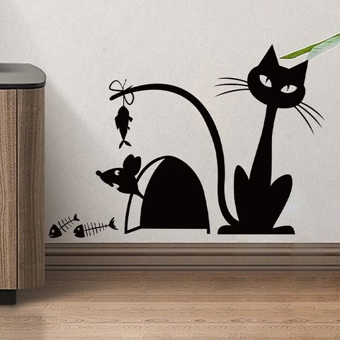 ウォールステッカー SX45 猫とネズミ　穴　ブラック　DIY 壁紙　インテリアシート　剥がせるシール 送料無料
