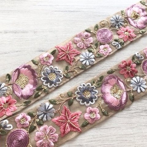 インド刺繍リボン シルク 高級 ボタニカルレース ハンドメイド素材 アンティーク 刺繍レース パーツ アジアン レトロ