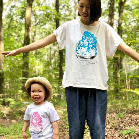 ママとお揃いコーデ2枚セット☆彡 かき氷 レディースゆるふわ＆キッズベビーTシャツ ☆親子リンクコーデ ☆親子ペアTシャツ ☆お得なセット割引☆