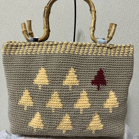 手編みの綿素材トートバッグ(森)
