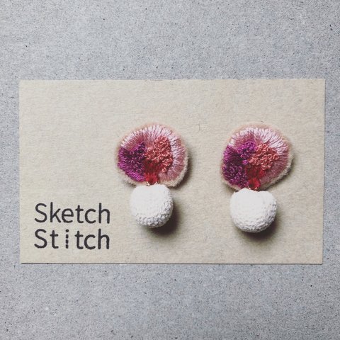 rose pink×knit刺繍ピアス