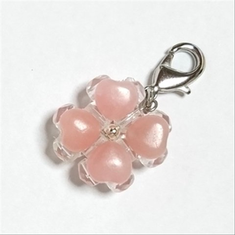 ☆天然石アクセサリー：ピンクオパール（Pink Opal) ☆天然石四つ葉：四葉クローバーチャーム：携帯ストラップ,キーホルダー,ペンダントトップなどパワーストーンで守護