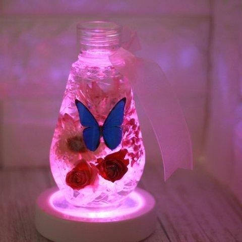 花とモルフォ蝶 ハーバリウム【桃】LEDイルミネーション