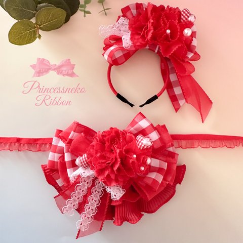 ペット　チョーカー&カチューシャセット💖 💖Candy red②🎀母の日🎀カーネーション💐