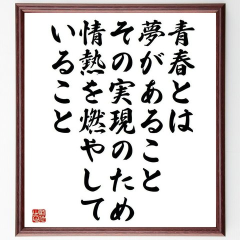 名言「青春とは、夢があること、その実現のため情熱を燃やしていること」／額付き書道色紙／受注後直筆(Y4721)