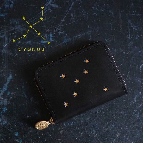 ラウンドファスナー コンパクト財布（CYGNUSブラック）牛革 白鳥座 星 小さい