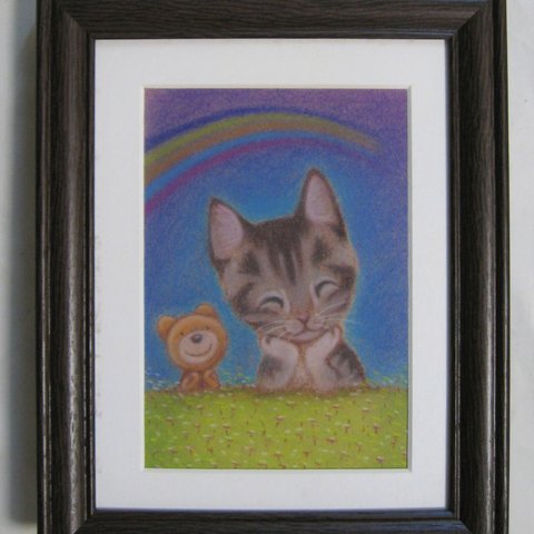 アメショとクマさん♪幸せ虹の橋◆手描き絵原画◆