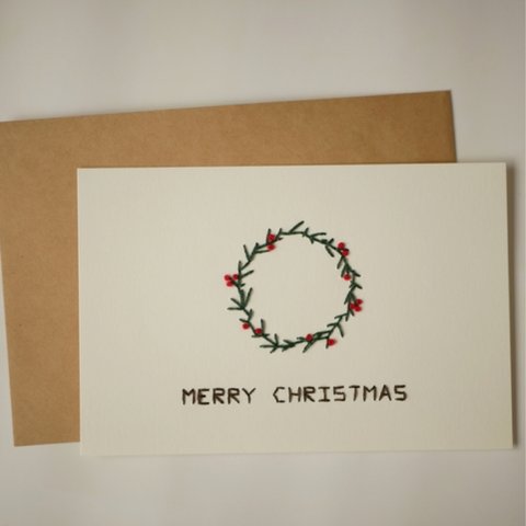 紙刺繍カード　*クリスマスカード/リース(white)