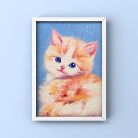 油絵・ポストカードサイズ  - 子猫  verditer blue -