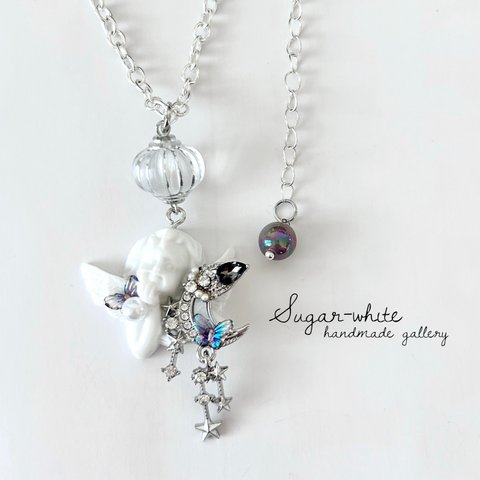 🩶 Silver color collection ✵ 天使と月夜の首飾り 揺れるチャーム ネックレス ペンダント 