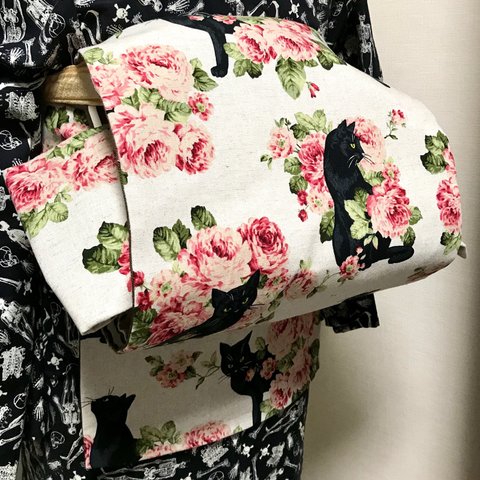 【SALE】薔薇と黒猫柄　名古屋帯