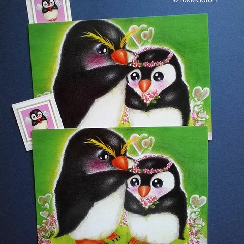 ペンギン結婚式の切手付きポストカードセット