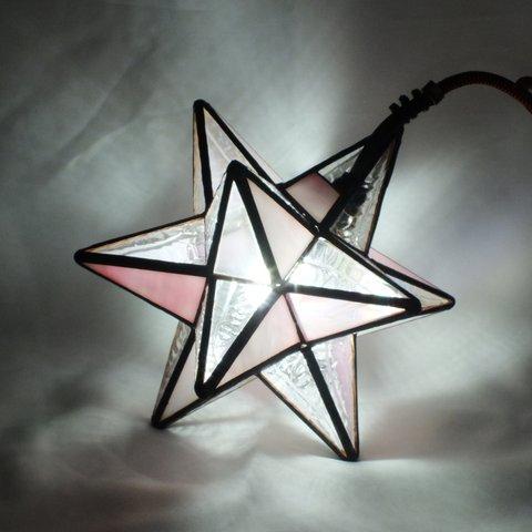 ピンクの星灯り BIG　ステンドグラス手作り 星型 ＬＥＤランプ