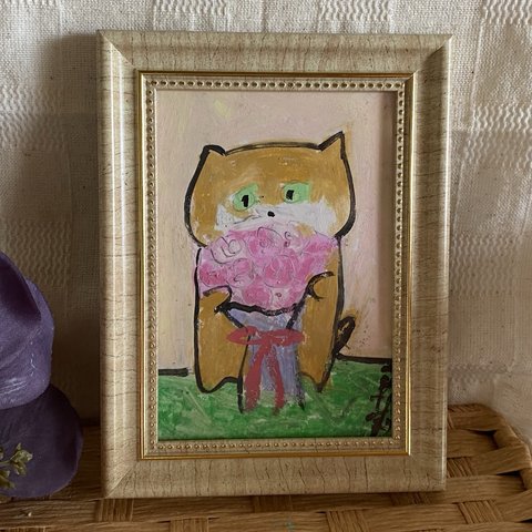 絵画。原画手描【美しい花束を抱いたかわいい猫ちゃん】07