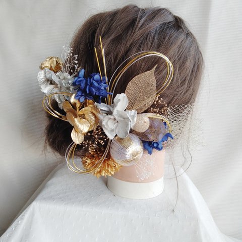 水引と和玉の三色の髪飾り　卒業式　成人式　結婚式　ドライフラワー　プリザーブドフラワー