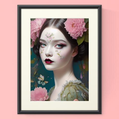 『原画』くすみカラーのパステルグリーンの洋服と花がエレガントでゆめかわいい女の子と蝶 グラフィック絵画