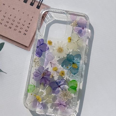 手作☆iPhone押し花スマホケースiPhone12pro☆iPhone11☆iPhone14シリーズ☆全機種対応☆イニシャル