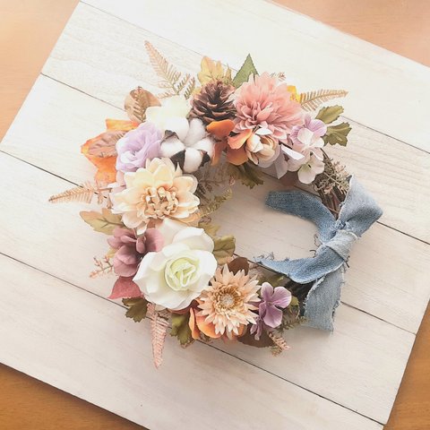 ちょっぴり大人の秋リース💐敬老の日にも♡(約30cm）リモート部屋　玄関リース　結婚祝い　出産祝い　新築祝い　誕生日