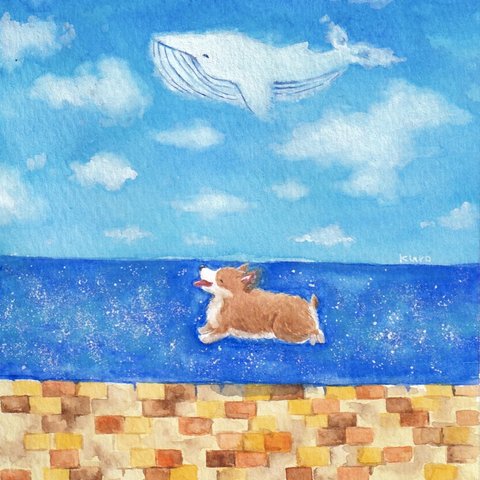 【受注制作】海辺を駆け抜けて【コーギー犬とクジラ雲】