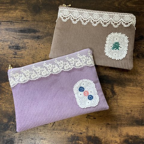 《新色》コーデュロイとレースの麻雀刺繍ポーチ￥2000→1600