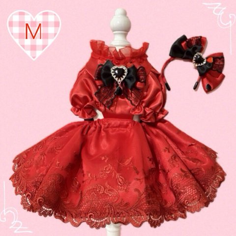 送料無料☆彡Mサイズパフスリーブが可愛い赤いドレス〜猫のワンピース犬のワンピース