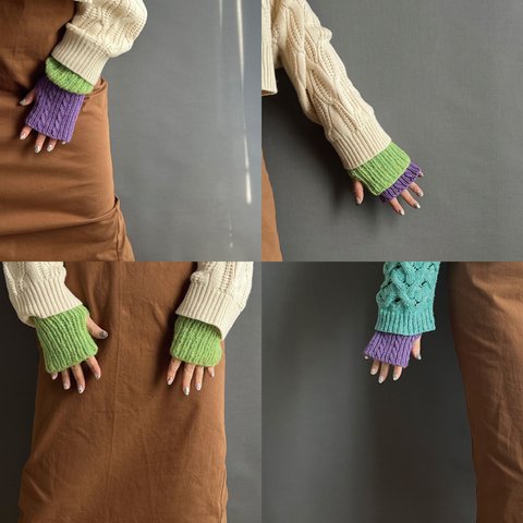 【手編みキット】 3Wayアームウォーマー / 1・campanula×asparagus (glittknit-16)