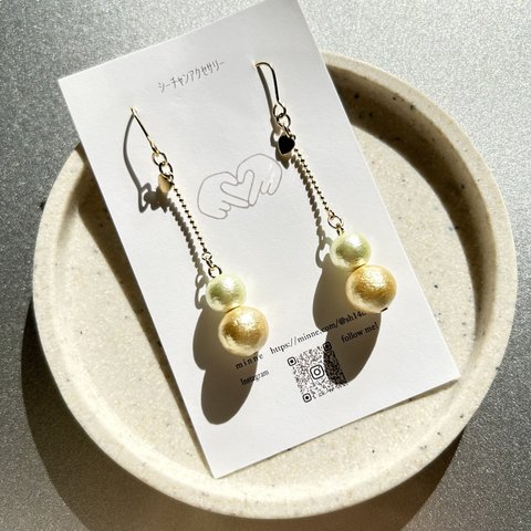 【¥500-OFF✨】🧡💛ミニハートチャーム×ペアカラー上質染色コットンパールピアス