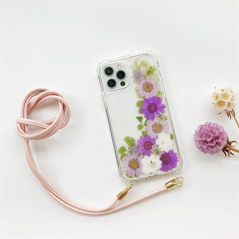 『千鳥草＆紫陽花』スマホショルダー 押し花ケース iPhone14Pro 斜め掛け ストラップスマホケース