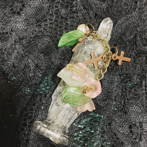 小花と十字架のロザリオのマリア像【受注販売】