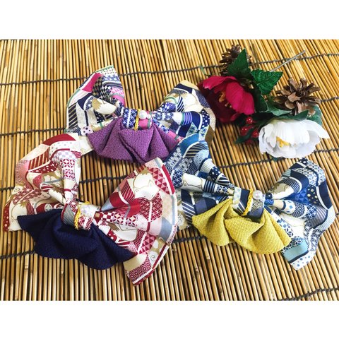 きつねと矢絣柄　リボン　バレッタ　ヘアゴム　アクセサリー　Fox and arrow pattern ribbon barrette hair elastic accessory