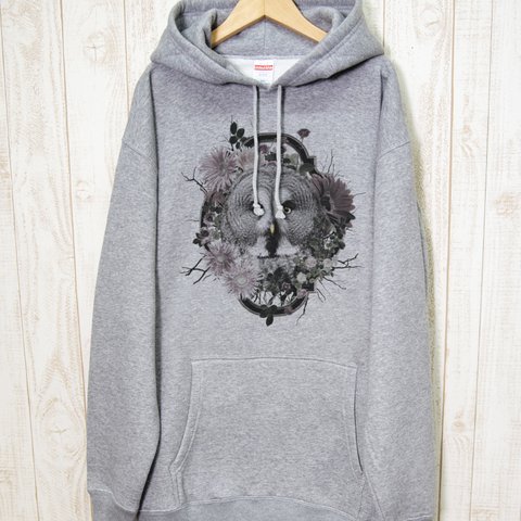 ronronGreatGrayOwl BIG HOODIE　Flower Frame（ヘザーグレー） / R037-PB-GR