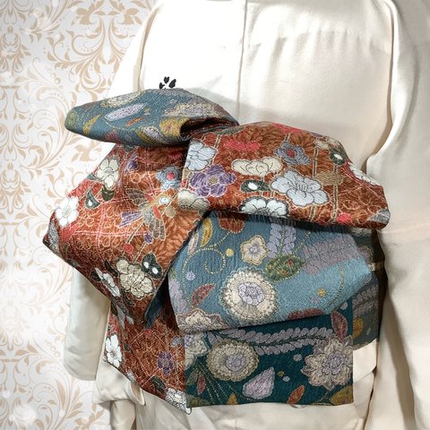 正絹　着物に咲く日本の美　両面辻ヶ花リバーシブル半幅帯　三河帯芯入り　一点物