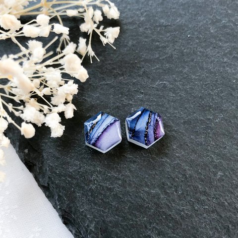 【Hexagon.水流】アルコールインクアート10㎜ (ピアス/イヤリング)