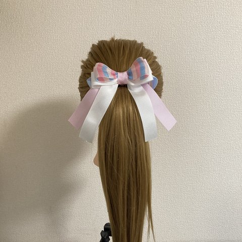 ふんわり春色の揺れるヘアリボンポニーフック　ピンク&水色&白