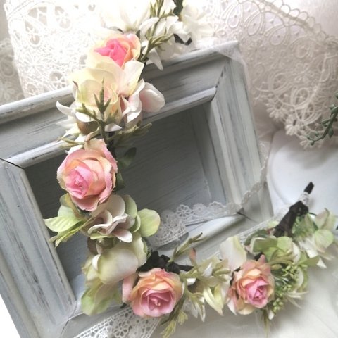 Weddingミニ薔薇&フランネンルフラワー花冠　ヘッドドレス　セット
