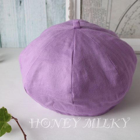★紫ダブルガーゼのベレー帽★ 　【５０〜５２㎝】