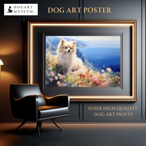 【地中海の海沿いの町 - ポメラニアン犬 No.2】A2アートポスター 犬の絵 犬の絵画 犬のイラスト