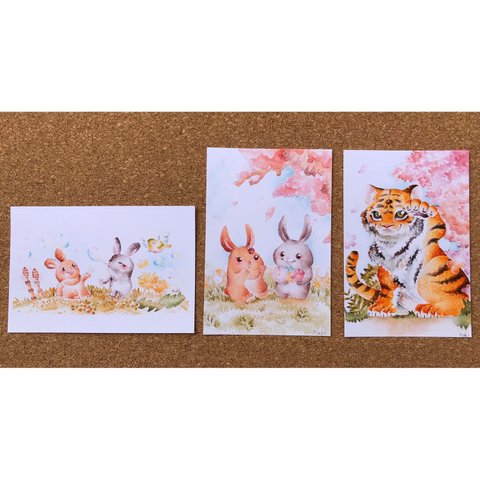 春の動物ポストカード 3枚セット🐰🌸🐯