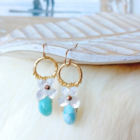 ♡Holiday Special♡❁Larimar sea wreath earrings 14kgf❁美しいラリマー＆フラワー＆泡リング