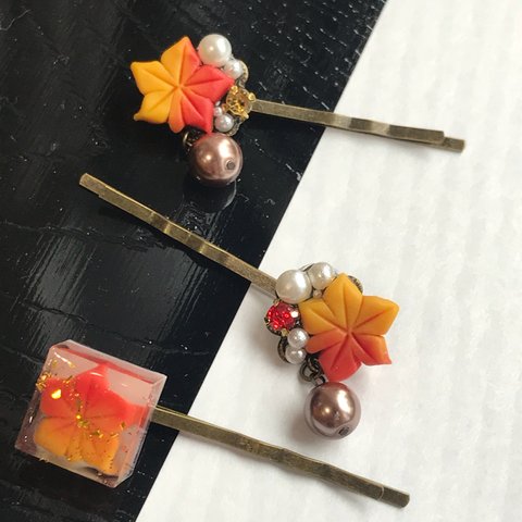 送料込☆もみじの練り切りとビーズのヘアピン 和菓子