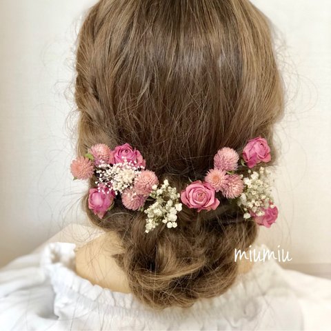 薔薇と千日紅とかすみ草のヘッドパーツ 髪飾り