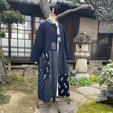 【着物リメイク】藍染め絣の羽織りワンピース/刺し子/ギャザー