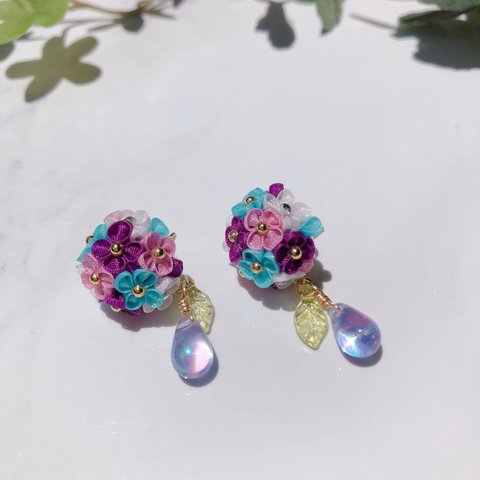 つまみ細工 ピアス［紫陽花のひと雫✴︎風待月］