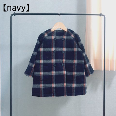 nocollar plaid coat（navy）