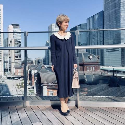 レース襟付き✨ゆったりラインの綿マーメイドワンピース👗着心地楽々カットソー素材💕ネイビー🌼ﾋﾄﾉﾜ