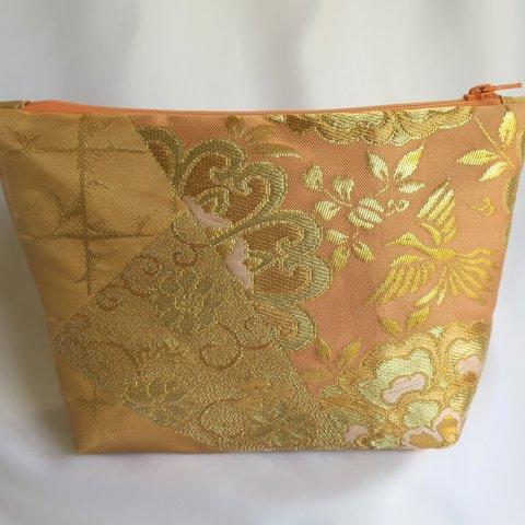 帯　ポーチ　大　鳳凰　刺繍がキレイ　バックインバック　プレゼントに　薄いオレンジファスナー